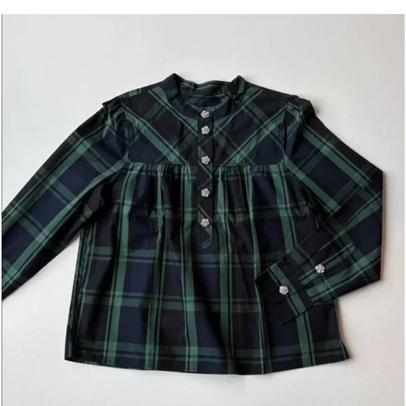 NWT J. Crew Women’s Fresco Top with Jewel Buttons Black Watch Tartan Holiday - Picture 5 of 10